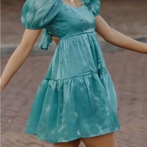 Elegant Teal Puff Sleeve Dress
